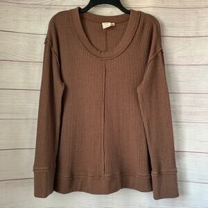 White Crow Brown Waffle Knit Thermal Top Long Sleeve Exposed Seams Size L
